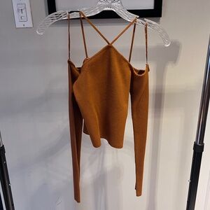 Zara Rust Ribbed Cold Shoulder Strappy Long Sleeve Top - Size S